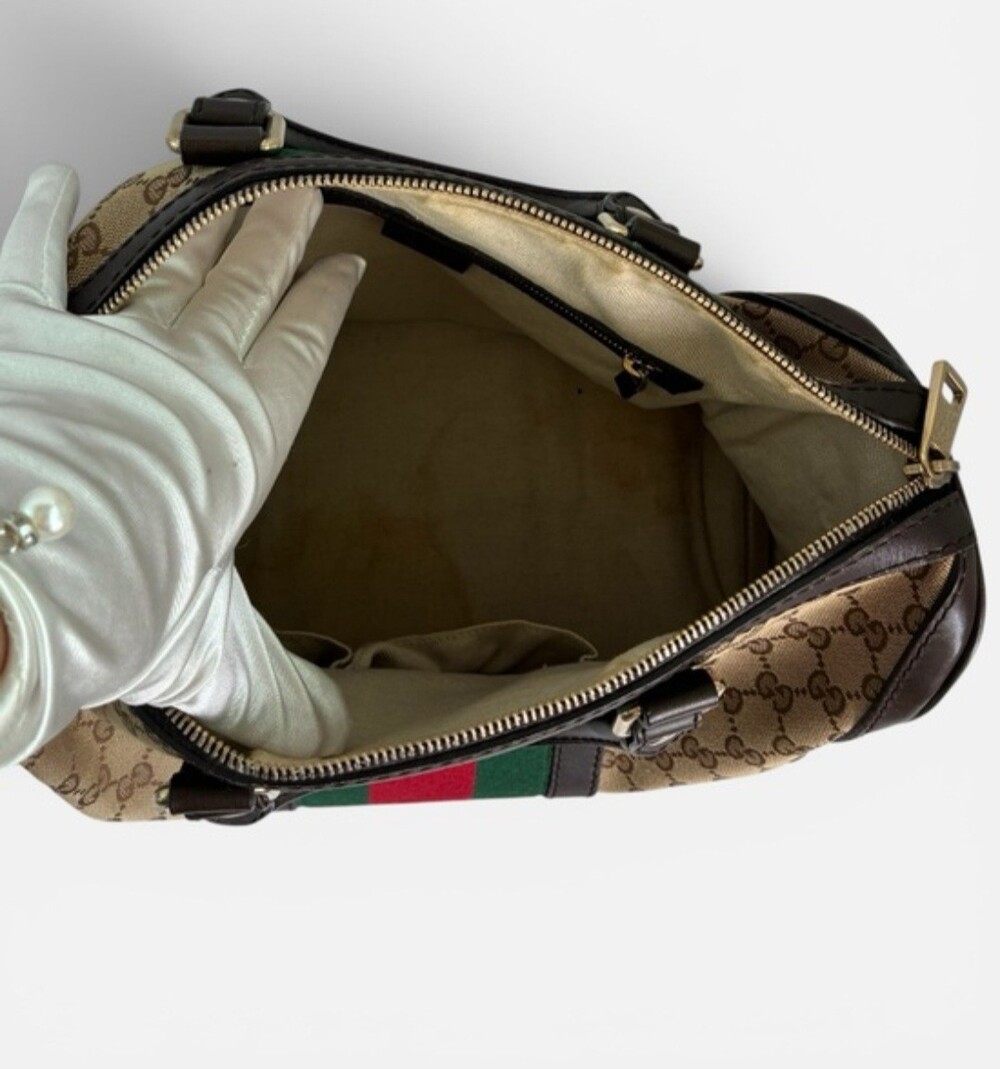 Gucci Vintage Web Boston Bag Satchel Brown & Green USA SELLER - Picture 8 of 11